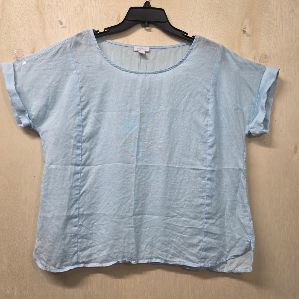 Pure Jill 100% Linen Short Sleeve Scoop Neck Top Light Blue Petite Small